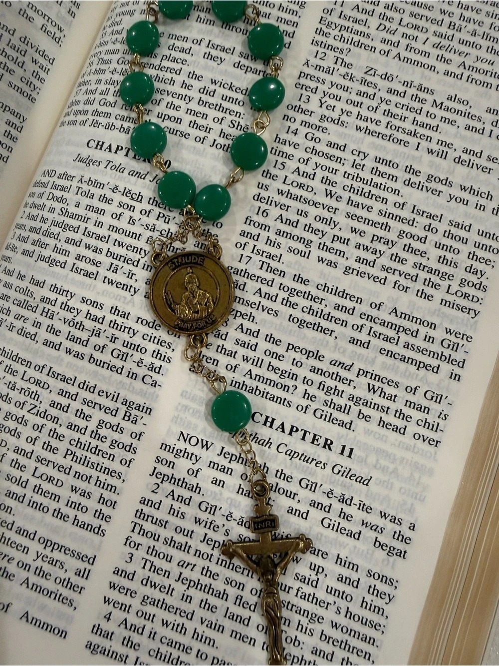Vintage Green Beaded Pendant Rosary Bracelet St. Jude